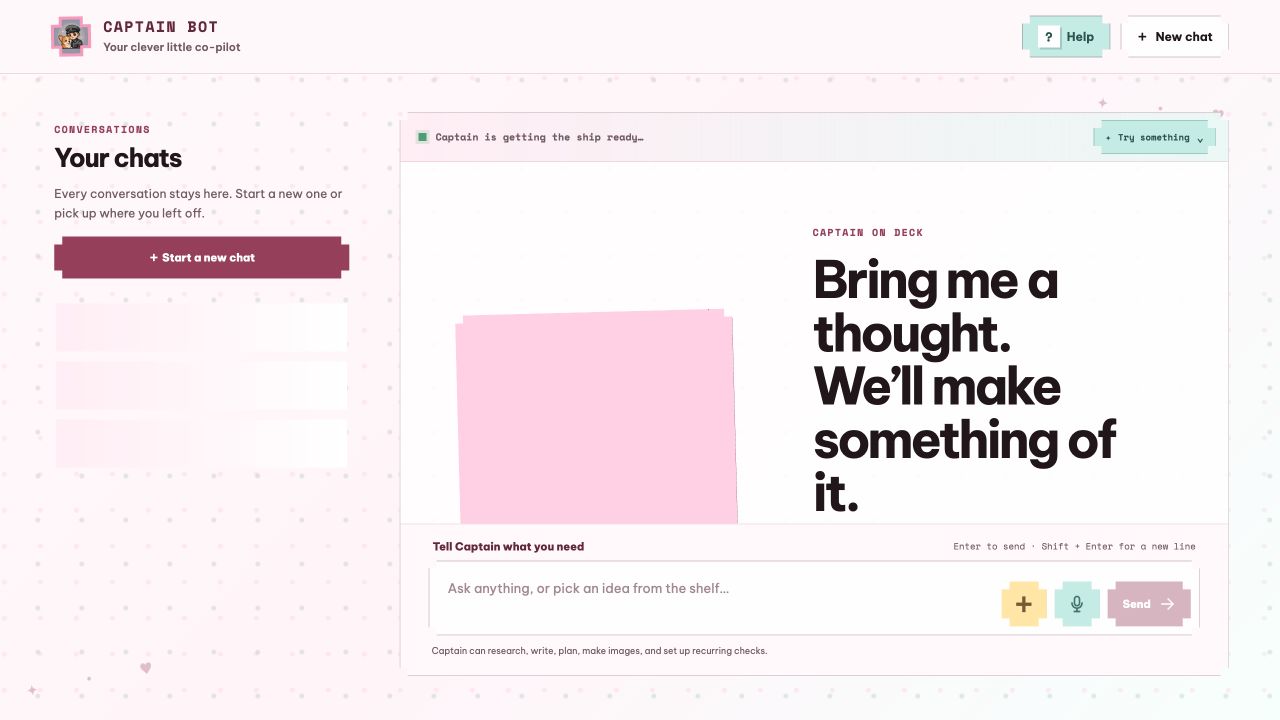 A real Idea Temple Captain Bot interface with chat history, friendly controls, attachments, voice, and suggested prompts